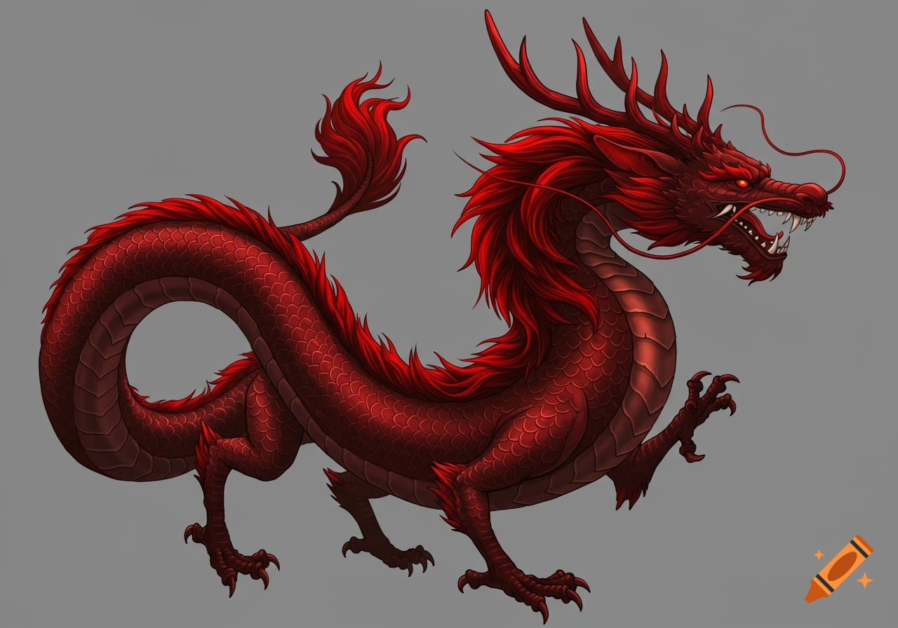 A detailed illustration of a red traditional Chinese dragon with fangs, claws, antlers, and whiskers, snarling.