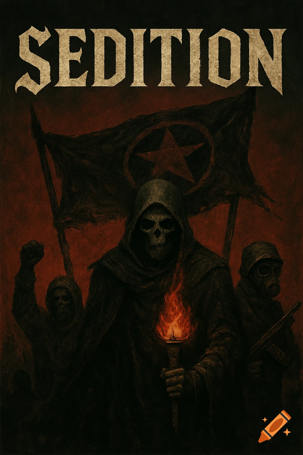A dark, gritty illustration of a hooded skeletal figure holding a torch, flanked by shadowy figures and a flag, with 'SEDITION' above.