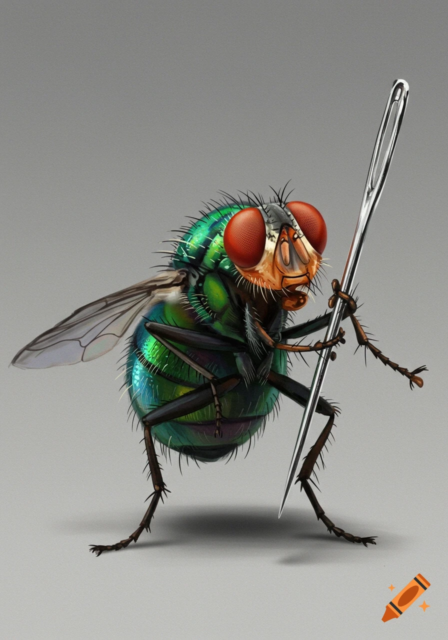 A detailed, realistic illustration of a large, green iridescent fly standing upright, holding a shiny silver sewing needle like a sword on a gray background.