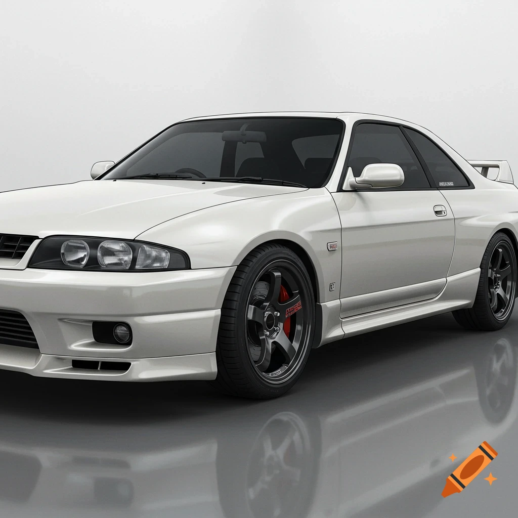 A photorealistic image of a white 1995 Nissan Skyline R33 GTR with gloss black TE-37 rims and tinted windows, against a light background.