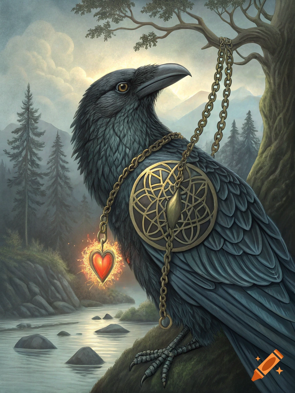 A majestic raven, adorned with golden chains and a glowing red heart pendant, stands by a river in a forest setting.