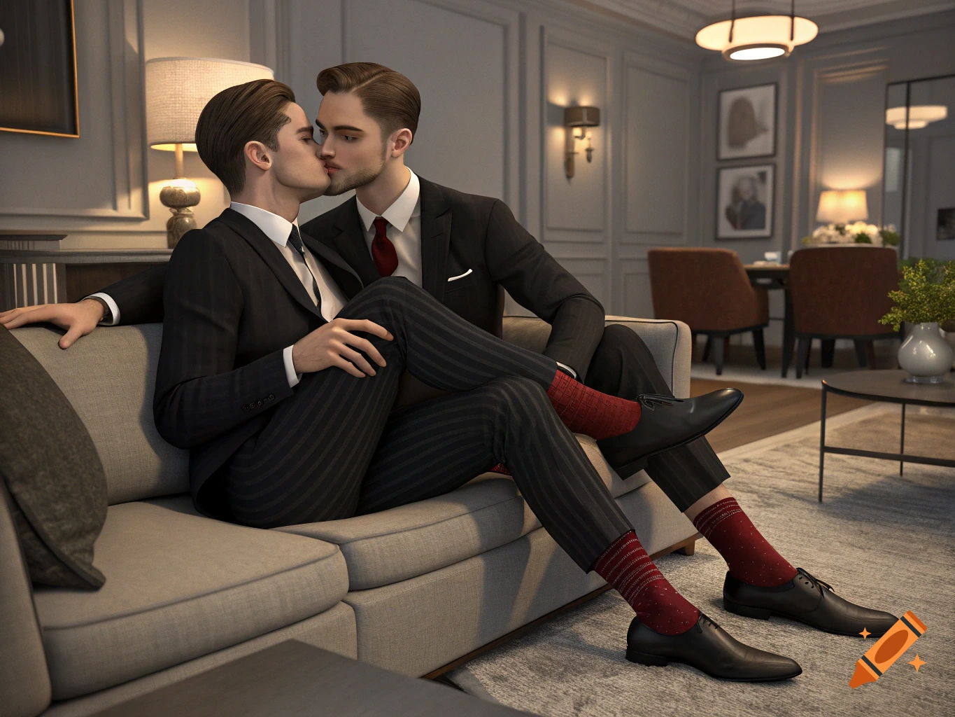 Two well-dressed men in suits and red socks kiss on a sofa in a luxurious apartment.