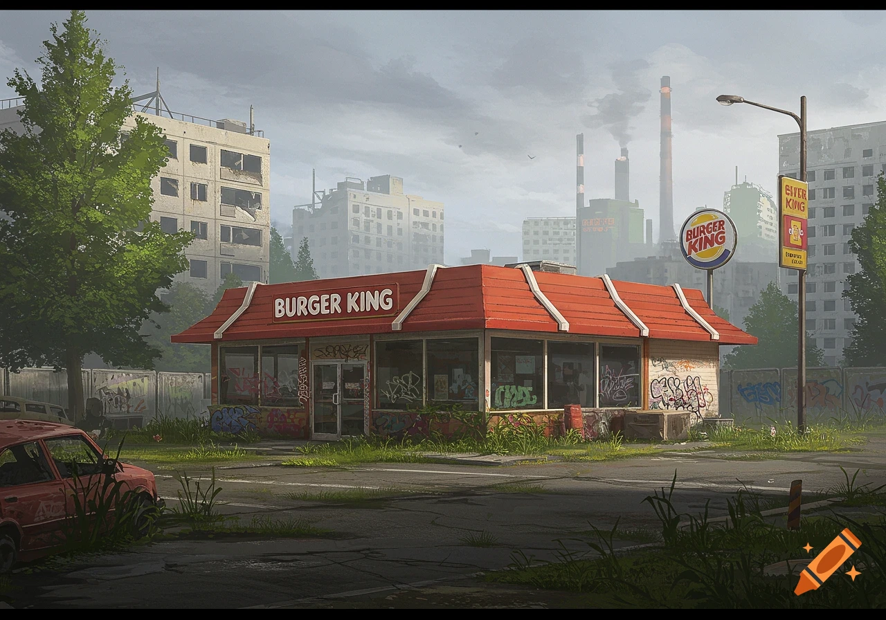 An abandoned Burger King building covered in graffiti amidst overgrown weeds and an old car in a gloomy, dystopian cityscape.