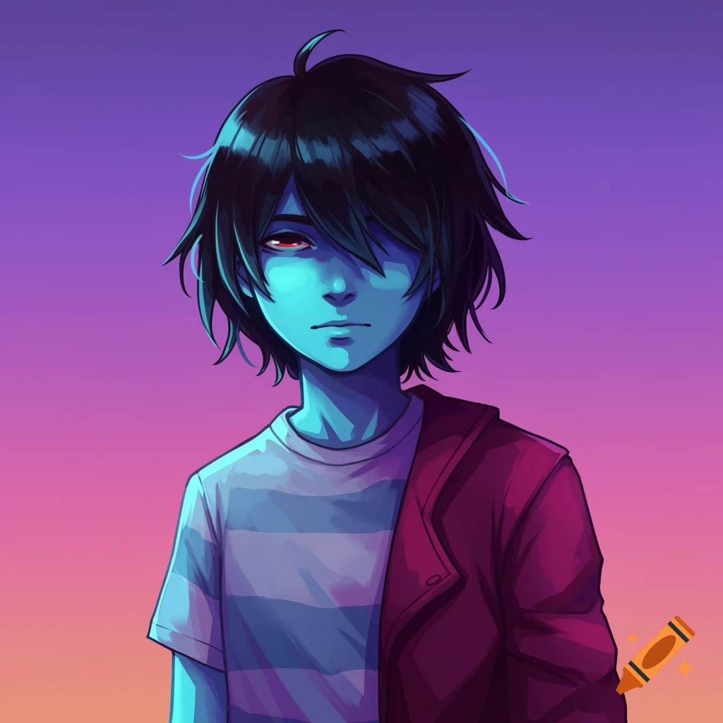 An anime-style illustration of Kris from Deltarune, a character with blue skin, dark hair, and red eyes, wearing a striped shirt and red jacket against a purple and orange background.