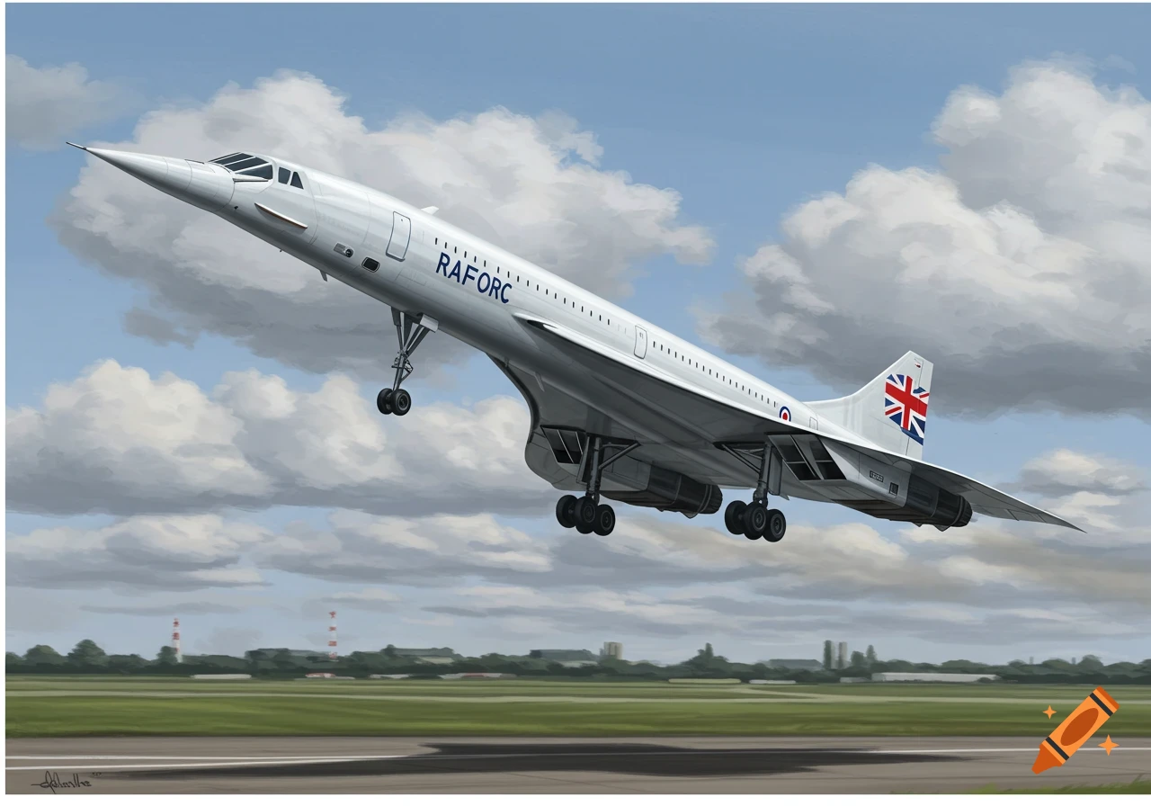 A white Concorde plane with 'RAFORC' written on its side and a Union Jack on its tail takes off from a runway under a cloudy sky.