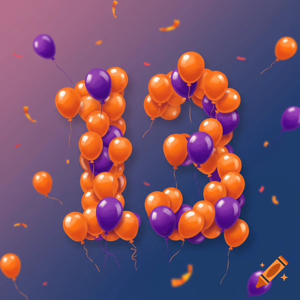 The number 13 formed by orange and purple balloons, with confetti falling around them.