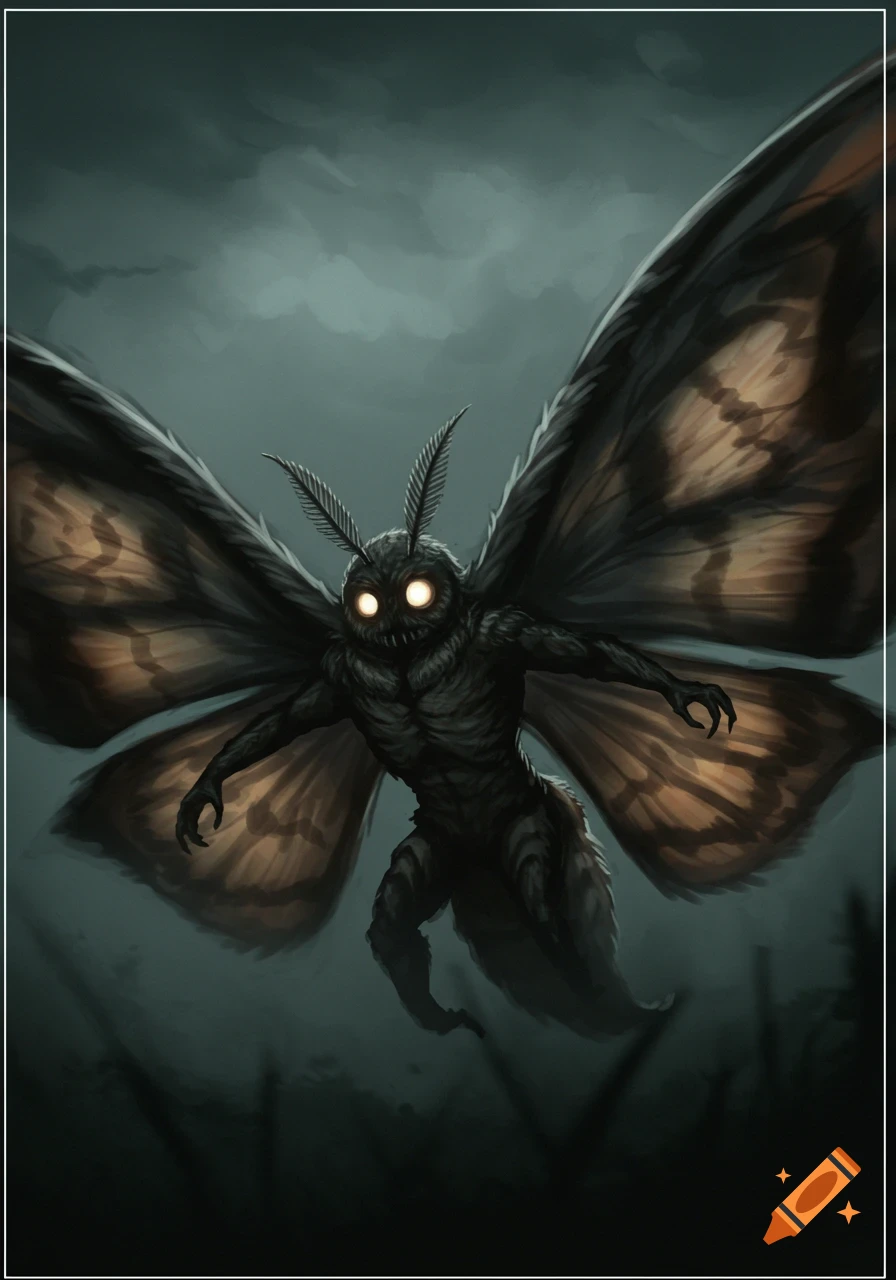 A dark, monstrous Mothman creature with glowing eyes and large wings spreads its wings against a gloomy, overcast sky.