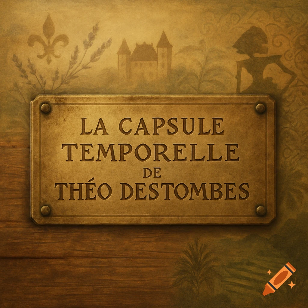 A rustic, vintage brass plate engraved with 'LA CAPSULE TEMPORELLE DE THÉO DESTOMBES' on a wooden chest, with subtle cultural motifs.