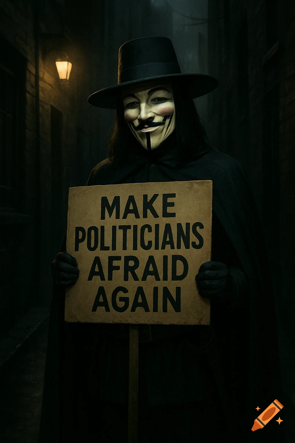 The masked V from V for Vendetta holding a sign that reads 'Make Politicians Afraid Again' in a dark alley.