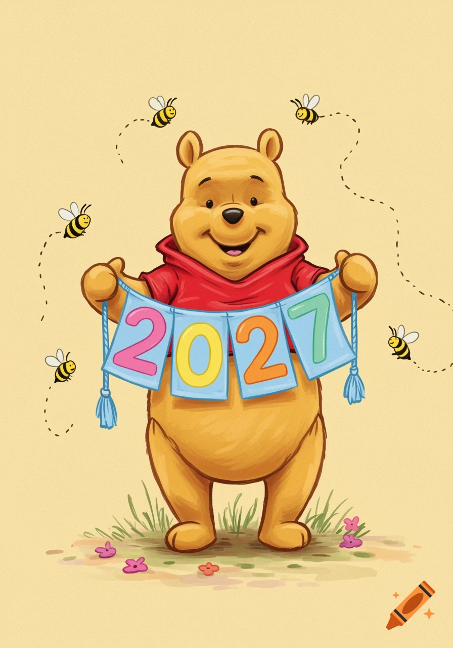 Winnie the Pooh in a red shirt holding a colorful banner with the numbers 2027, surrounded by buzzing bees and flowers on a light background.