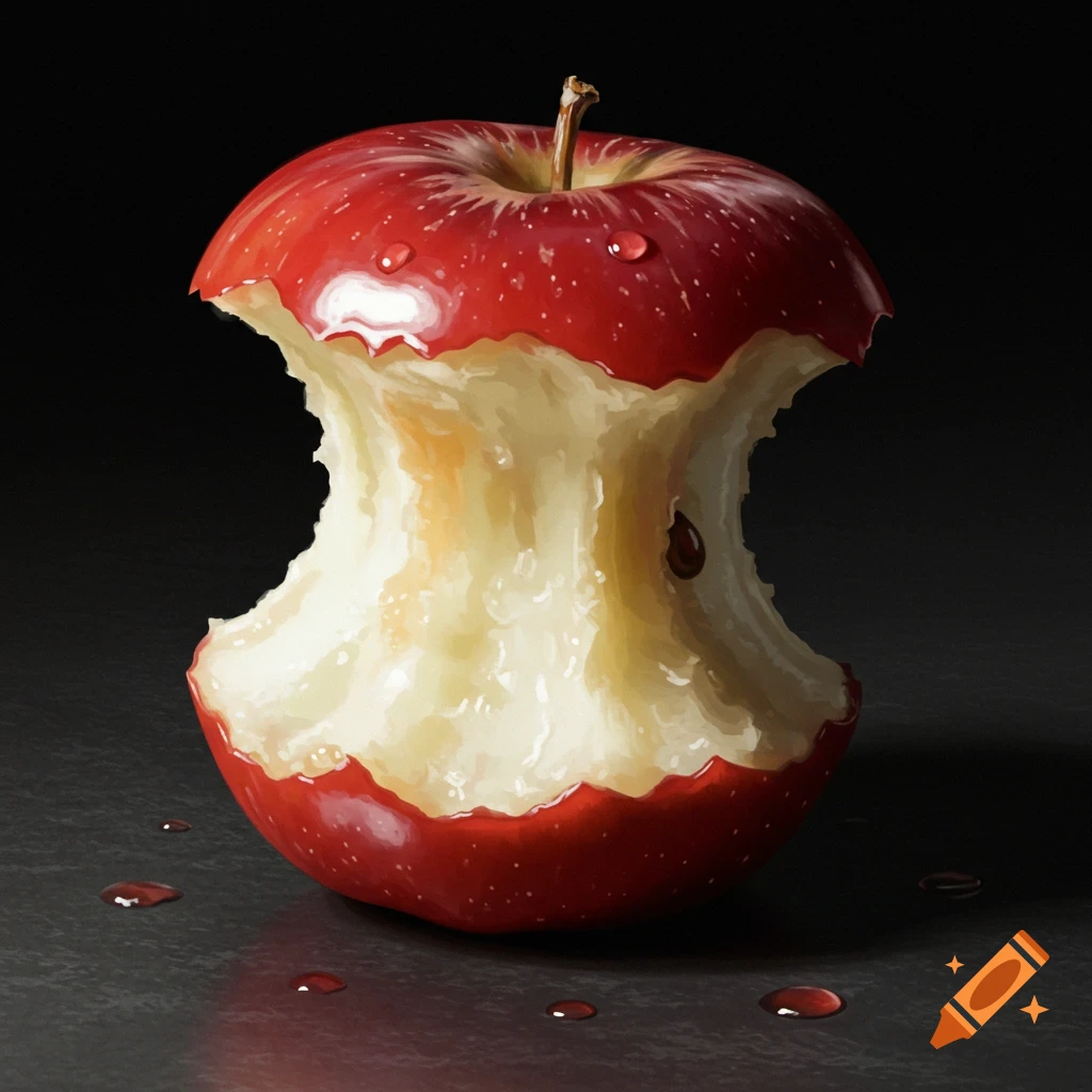 A photorealistic depiction of a half-eaten red apple with water droplets on a dark surface.