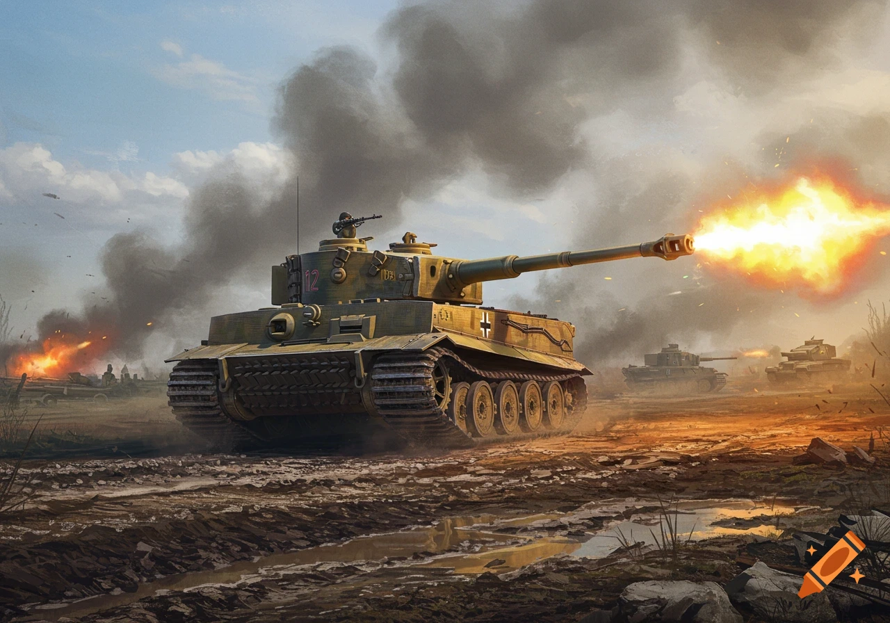 A powerful Tiger tank fires its cannon on a muddy battlefield, with smoke and other tanks in the background, in a detailed, realistic style.