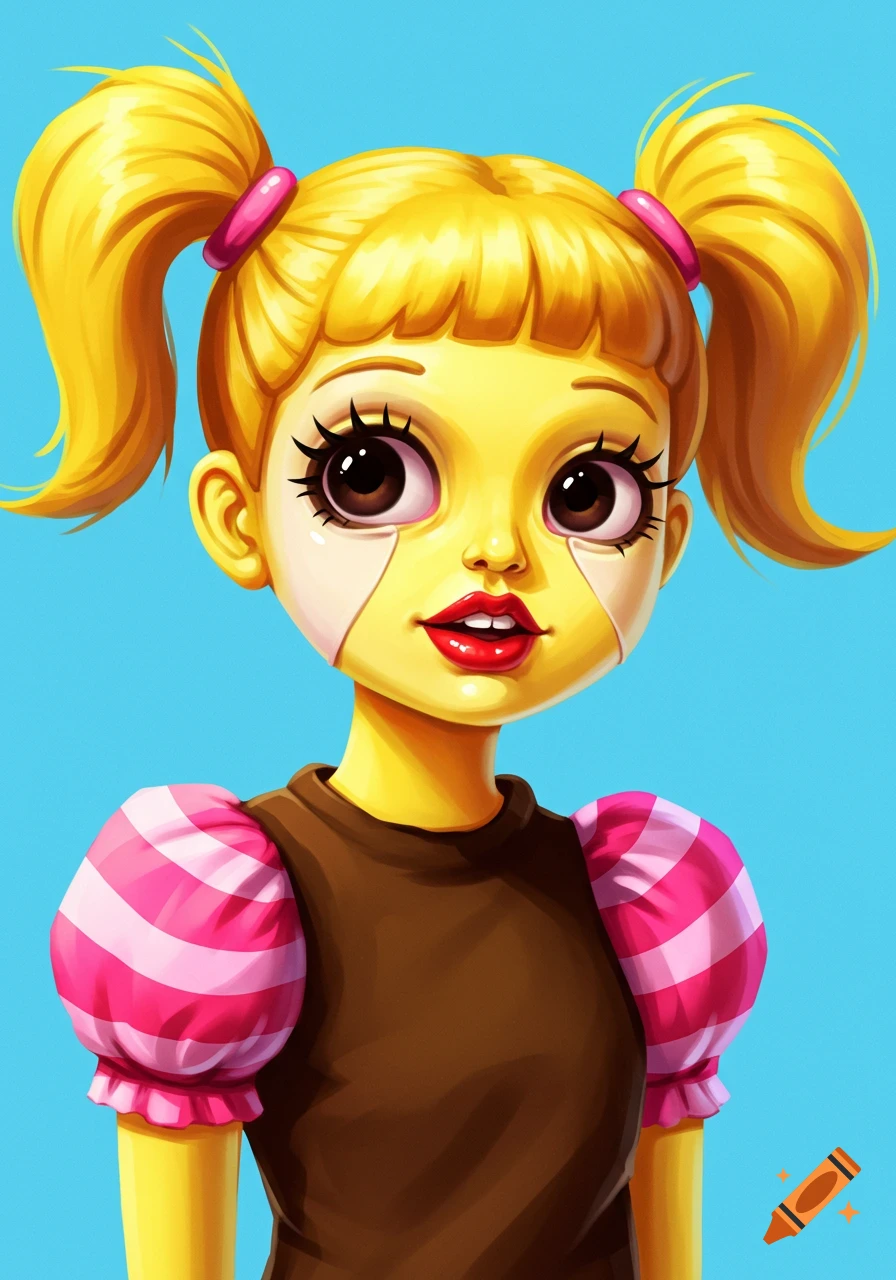Stylized illustration of a doll-like girl with yellow skin, blonde pigtails, and a brown shirt with pink striped puffy sleeves.