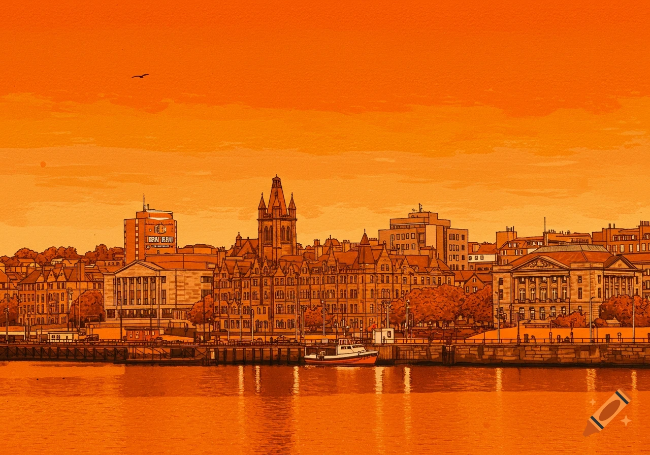 A vibrant orange-toned illustration of the Aberdeen cityscape with buildings, a prominent church, and a boat on the water.