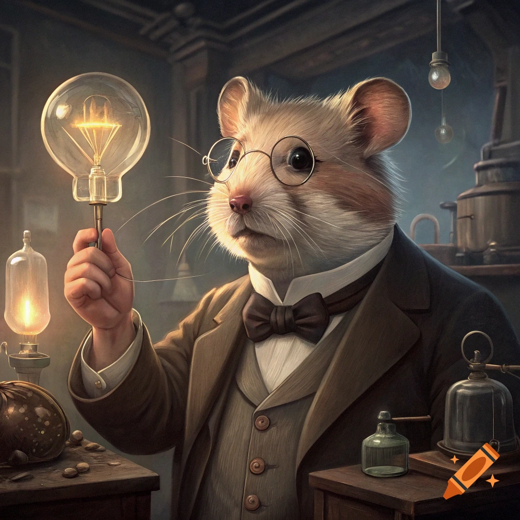 A photorealistic hamster-faced figure dressed as Thomas Edison holds a glowing lightbulb in an old-fashioned laboratory.