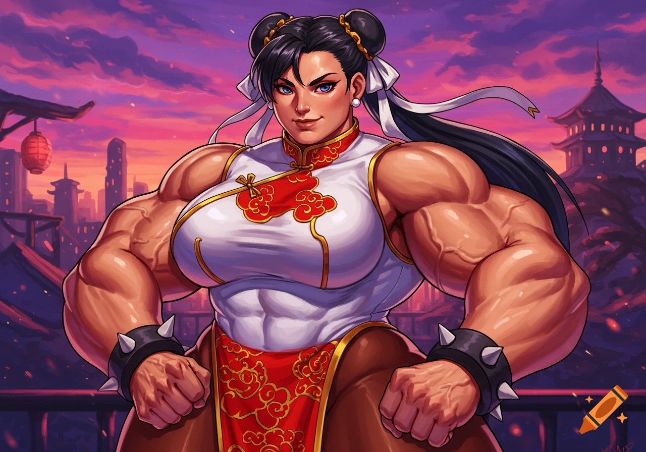 Highly muscular Chun-Li in white and red cheongsam stands against a vibrant sunset over an Asian city in a stylized illustration.