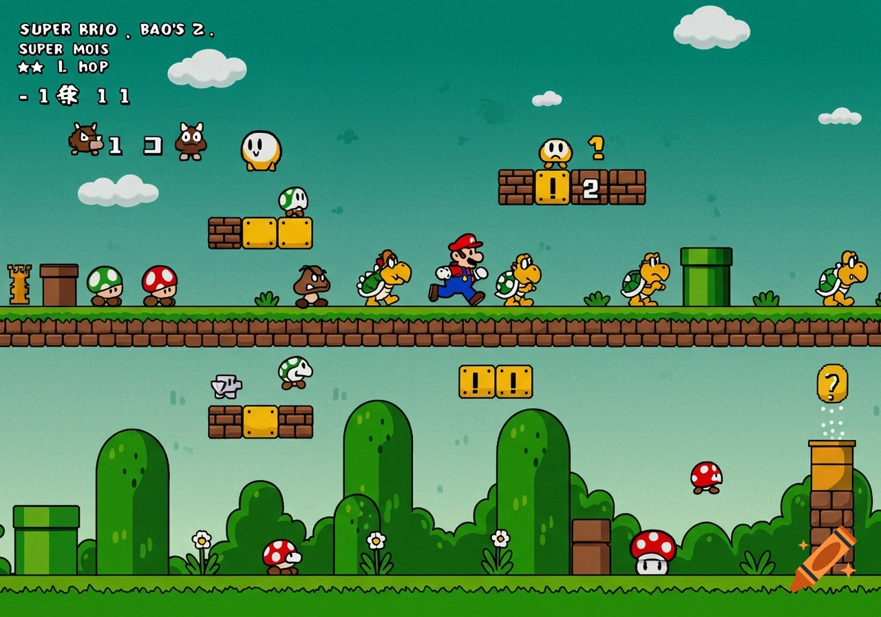 A retro Super Mario Bros. style 2D platformer game scene with Mario, enemies, and blocks on a green background.