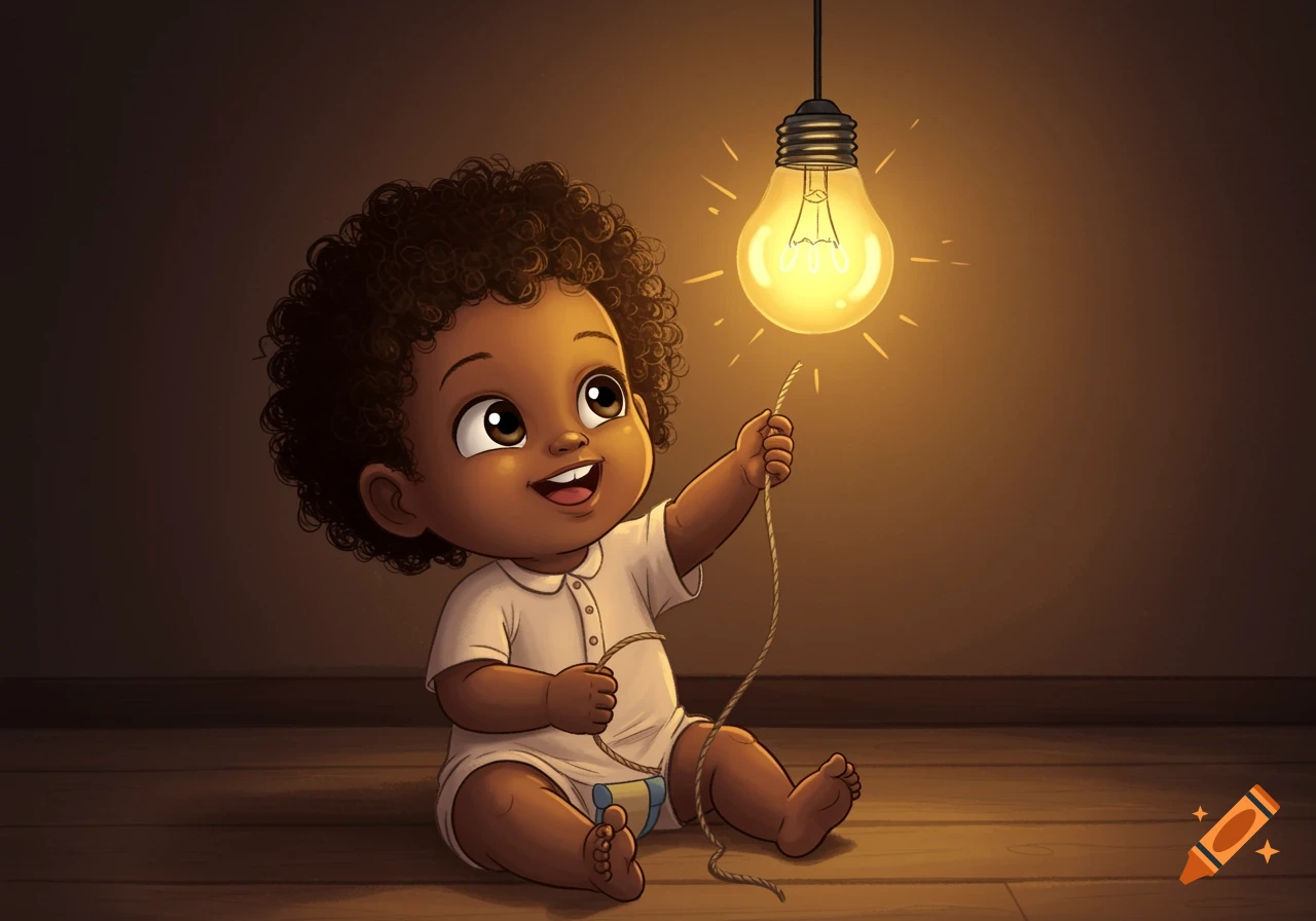 A happy cartoon black baby with curly hair sits on a wooden floor, pulling a string connected to a glowing light bulb.