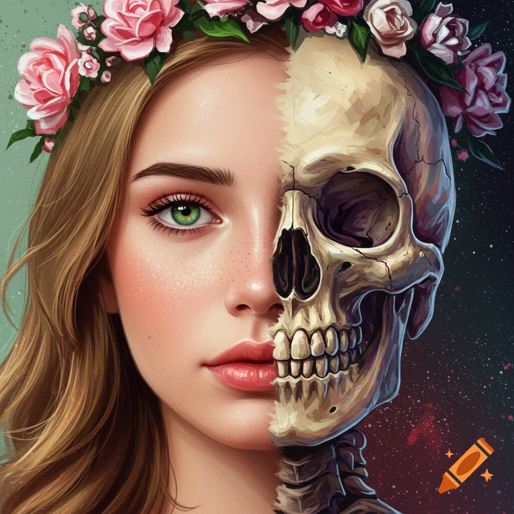 A close-up portrait of a woman with long hair and a flower crown, her face split to reveal a human skull on the right side.