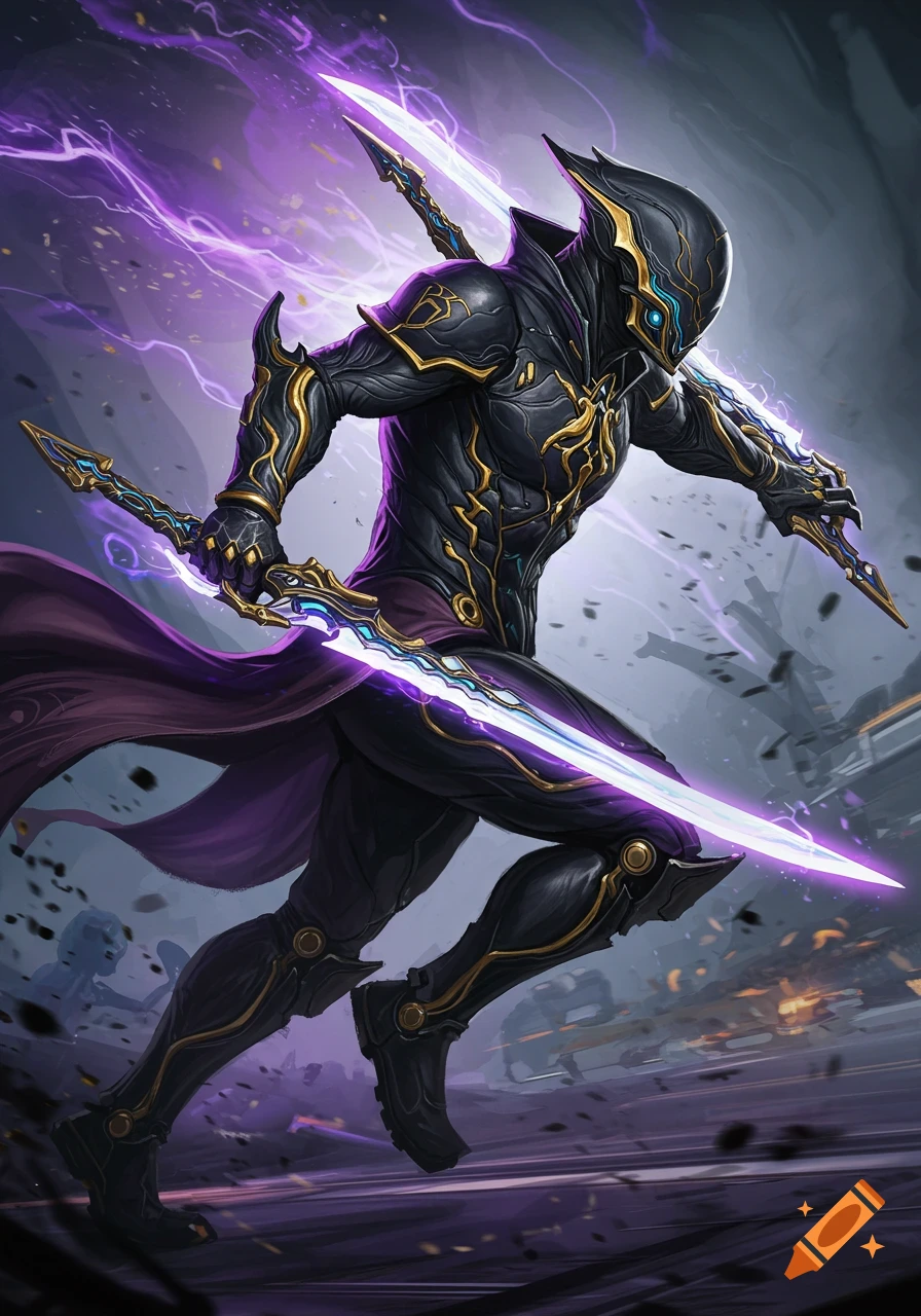 A dynamic digital painting of a futuristic warrior in black and gold armor, wielding glowing purple energy blades, amidst a swirling purple lightning background.