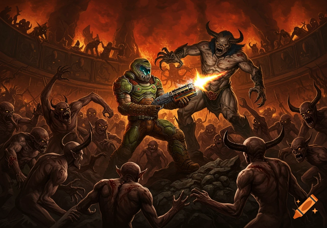 The Doom Slayer shoots a large demon in a fiery, hellish arena, surrounded by hordes of smaller demons.