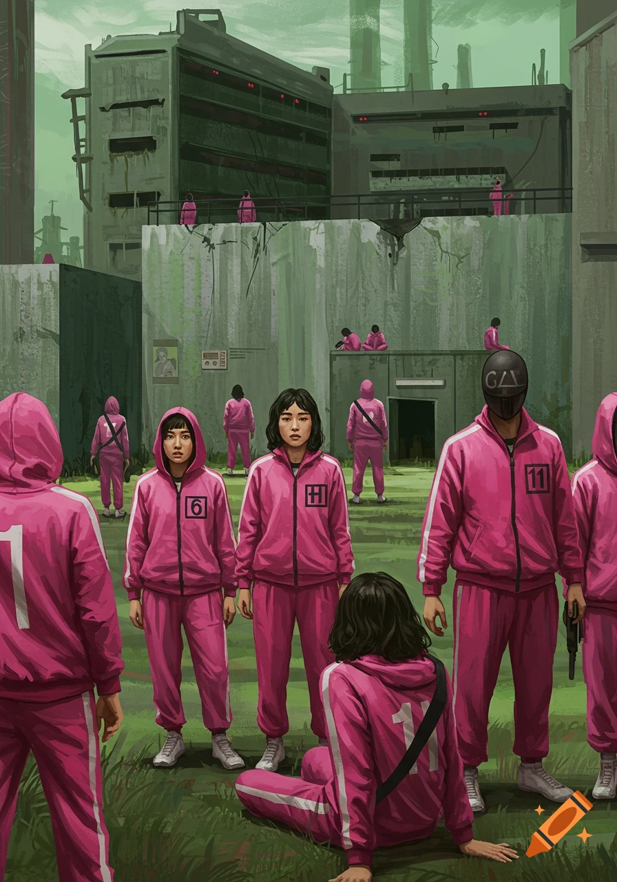 An illustration depicting characters in pink tracksuits and a masked figure standing in a desolate, industrial landscape with large concrete structures.