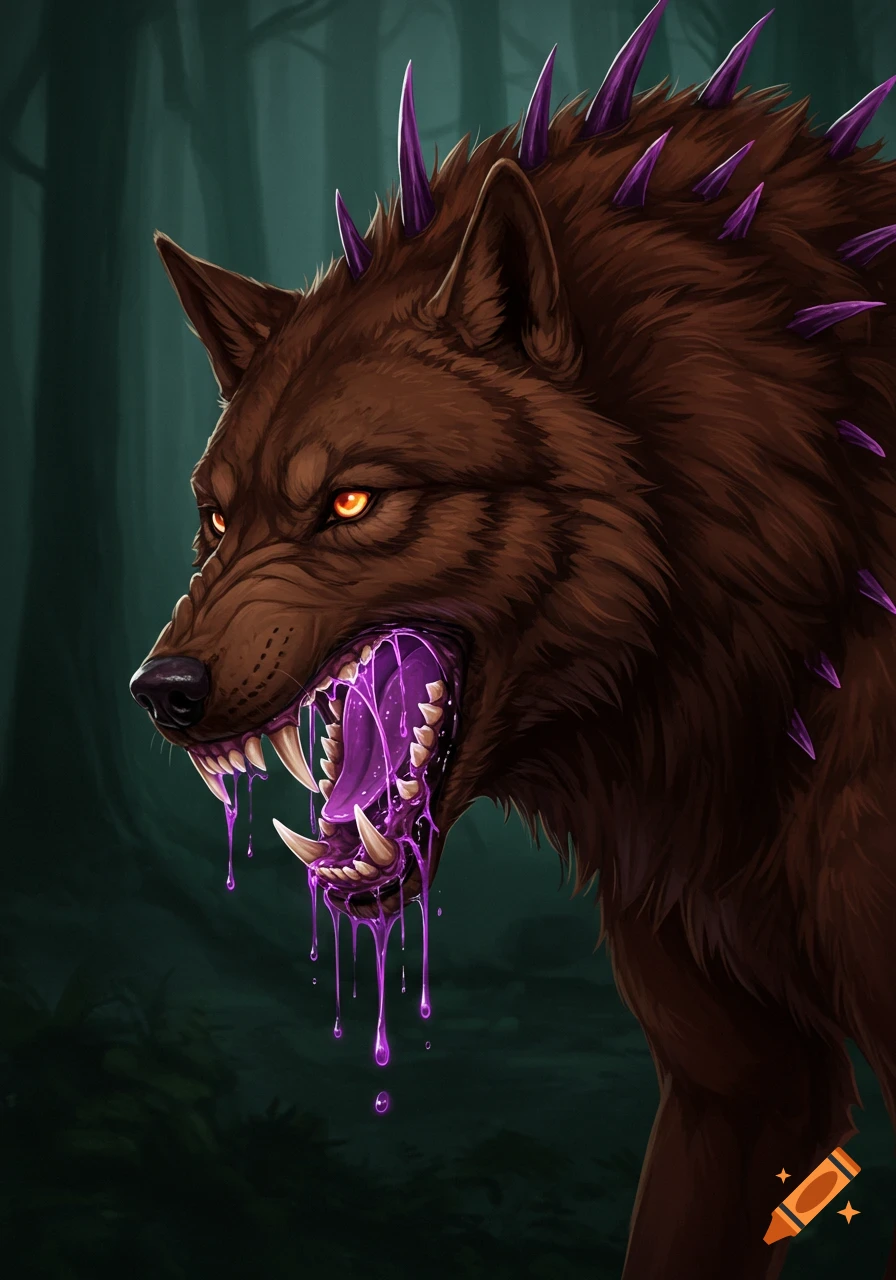 A menacing brown wolf-like creature with glowing orange eyes, purple spikes, and purple goo dripping from its mouth.
