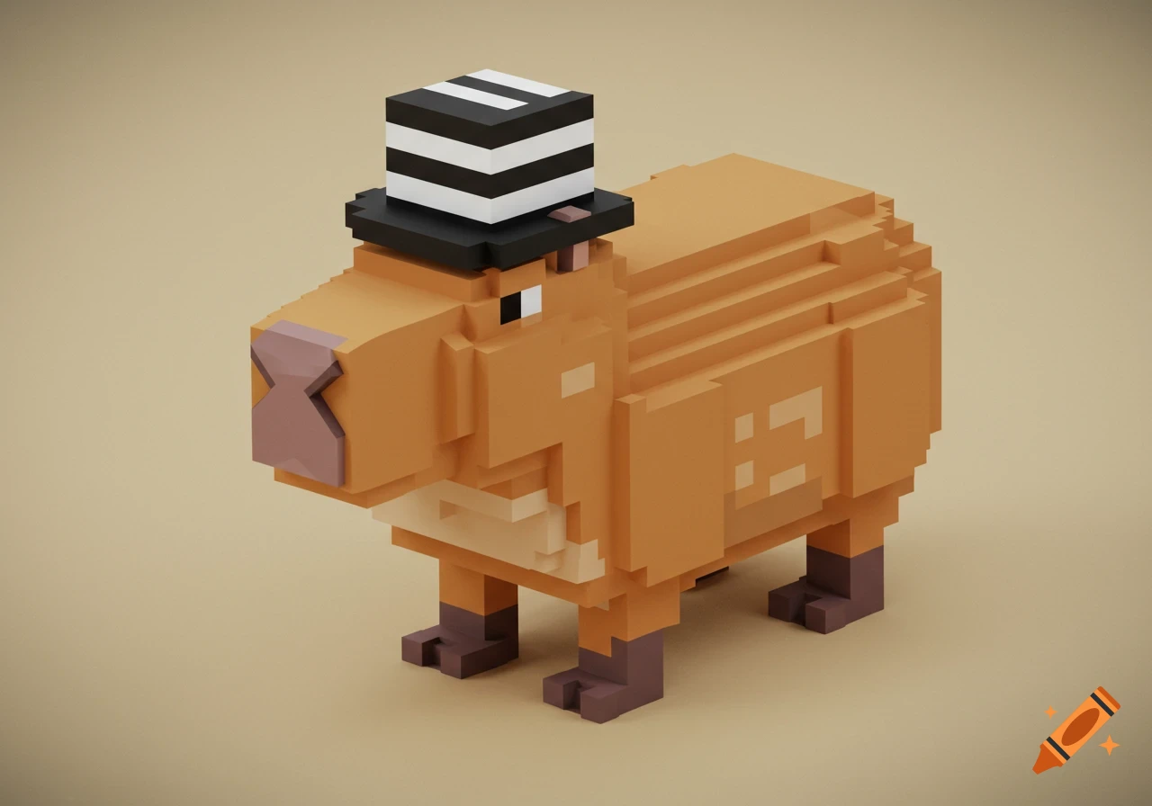 A voxel-style capybara wearing a black and white striped top hat, rendered with a Minecraft aesthetic.