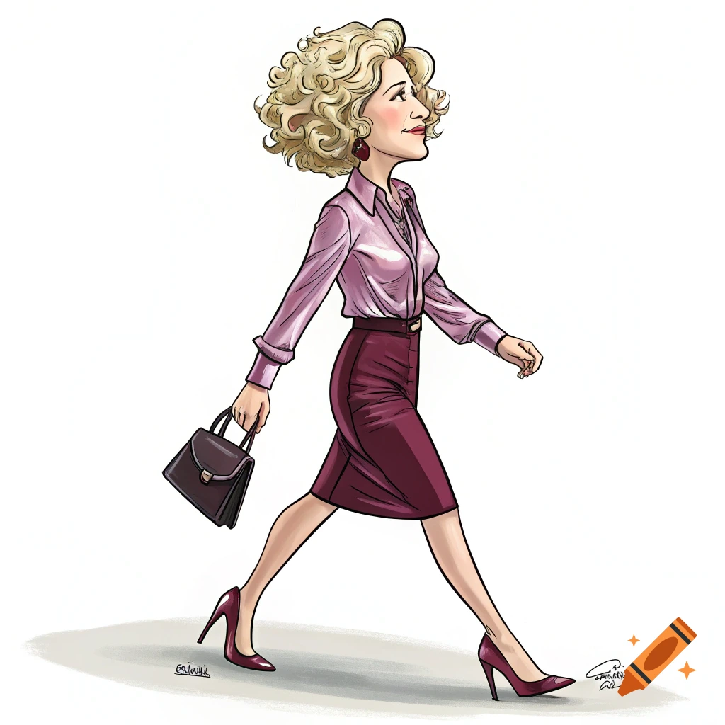 A cartoon caricature of a blonde woman in a pink blouse and burgundy pencil skirt walking in profile.