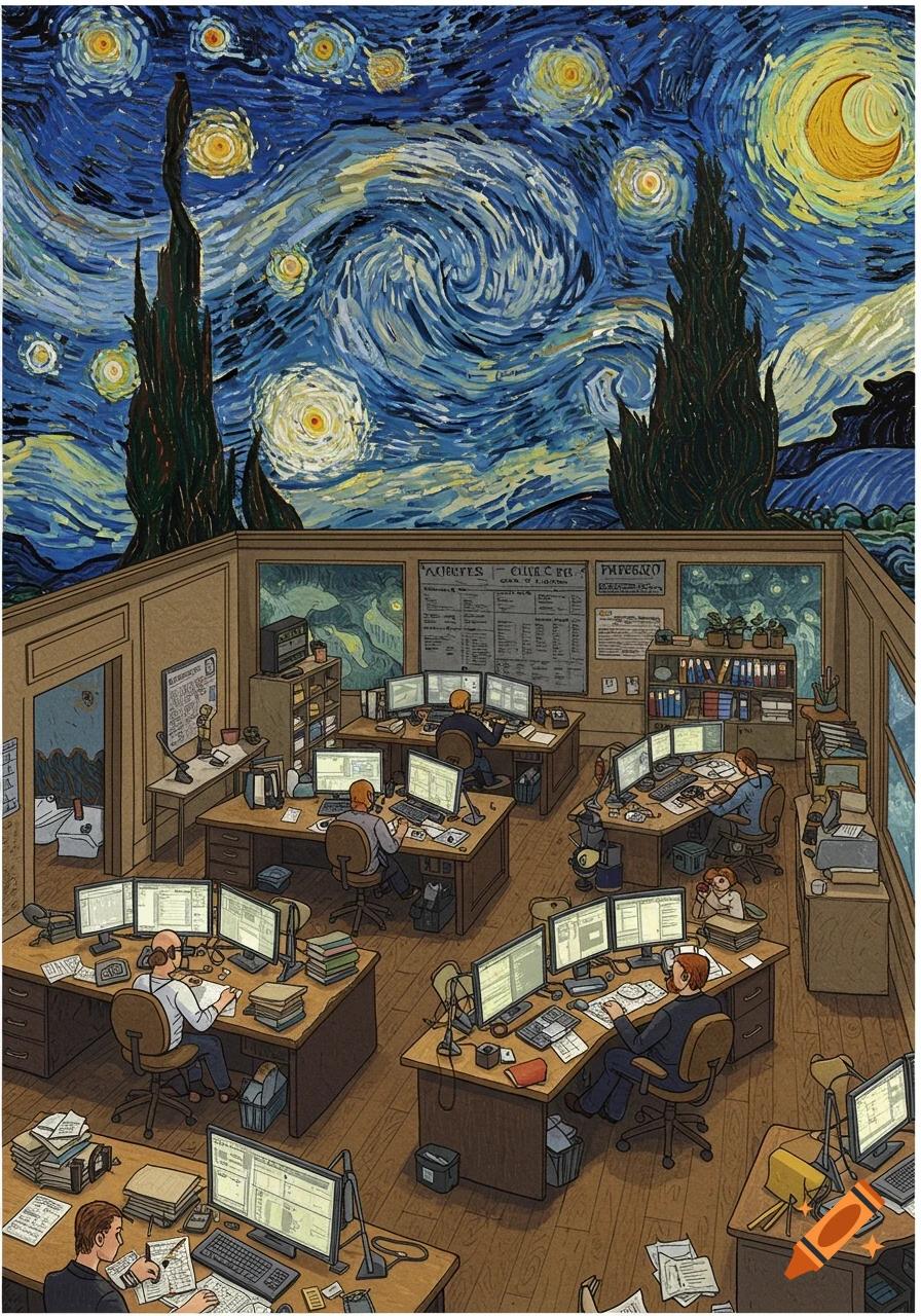 An illustration of an office full of people working at desks, with a ceiling opening up to a Van Gogh-style starry night sky.