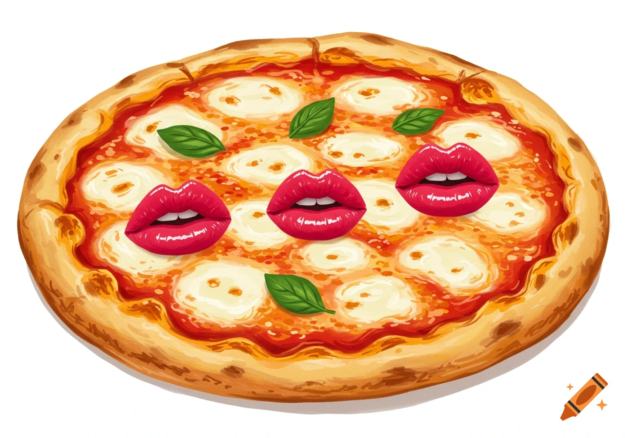 An illustration of a pizza with mozzarella, basil, and three sets of bright red lips as toppings.