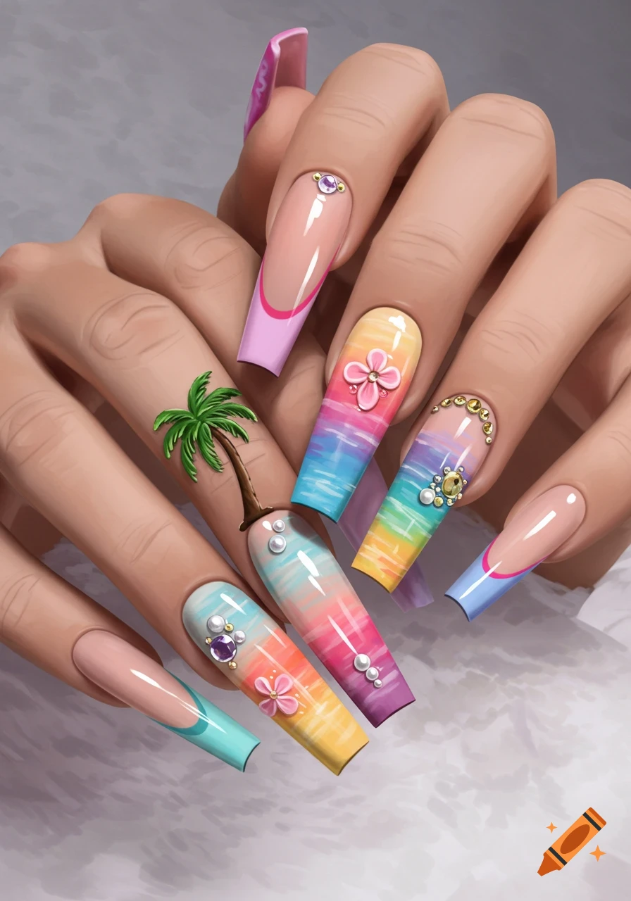 Hand with coffin-shaped nails featuring rainbow sunset gradients, 3D tropical designs, gems, and French tips.