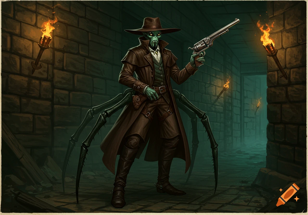 A green-skinned spiderfolk gunslinger in a duster coat and hat, holding a revolver in a torch-lit stone dungeon, fantasy art.