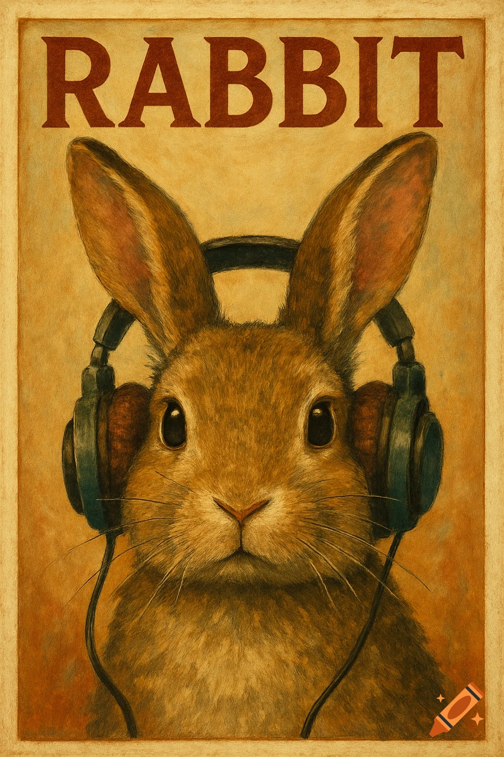 An illustrated vintage-style poster depicting a brown rabbit wearing headphones.