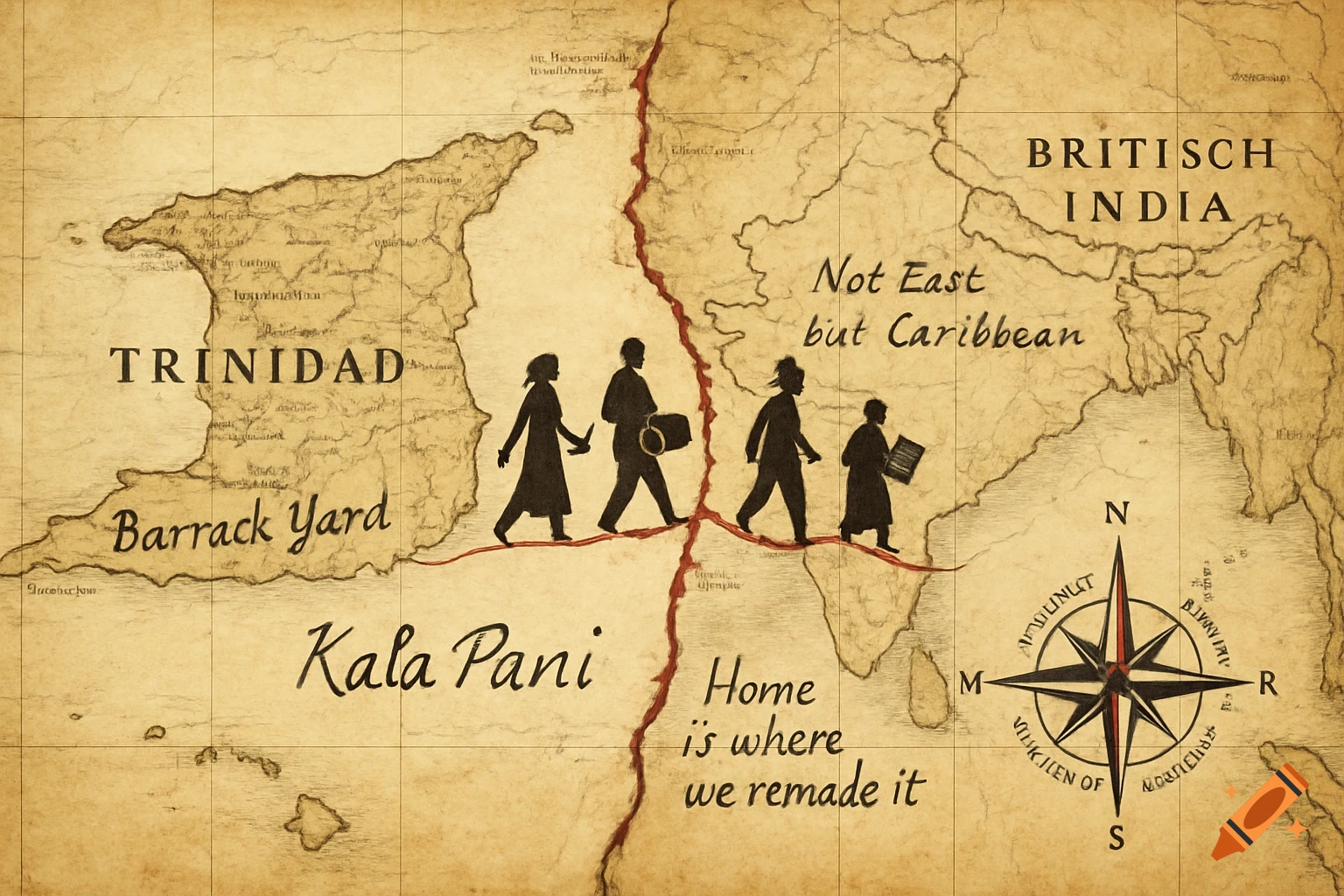 An old, torn colonial map showing Trinidad and British India, stitched together with a red line. Silhouettes of people walk along the red line. Text reads "TRINIDAD", "BRITISCH INDIA", "Barrack Yard", "Kala Pani", "Not East but Caribbean", "Home is where we remade it". A compass rose is in the bottom right corner.