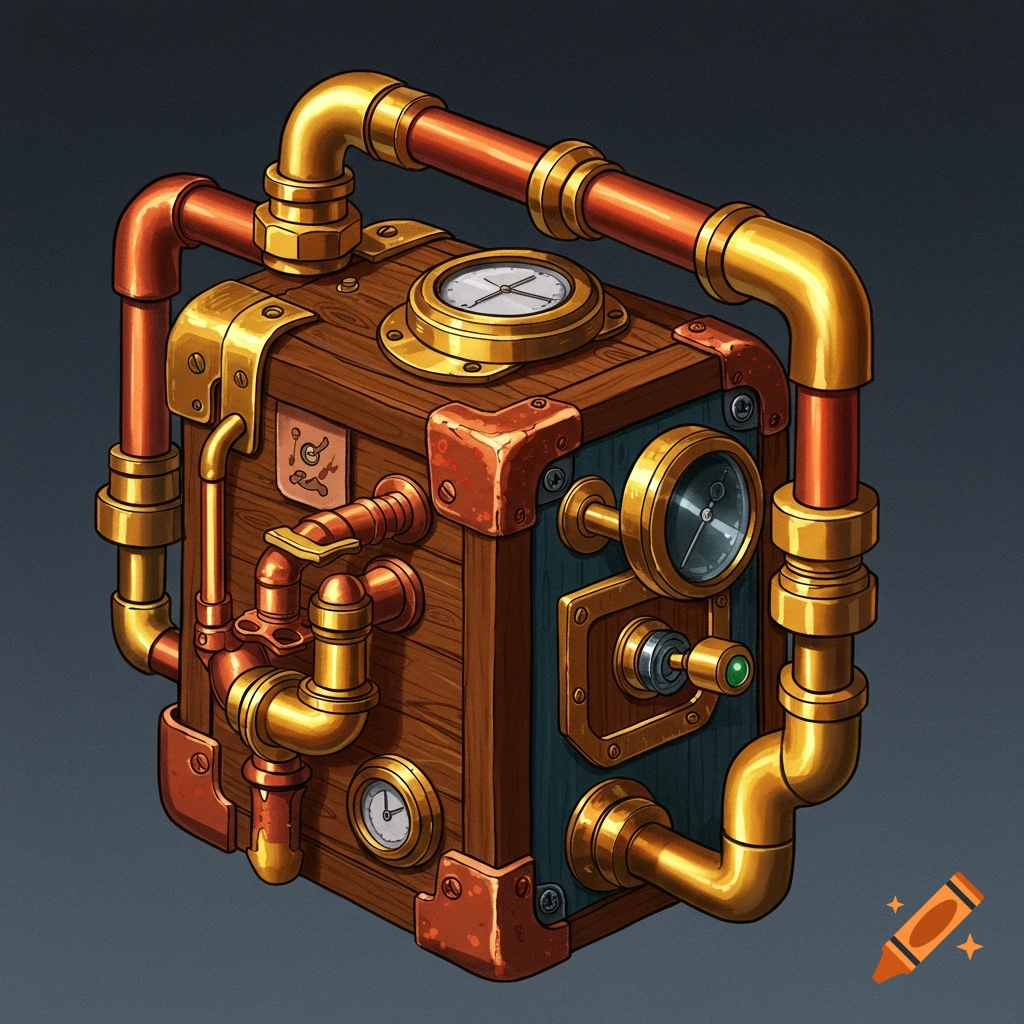 Detailed steampunk-style wooden box with copper pipes, golden fittings, and various gauges and dials in an illustrative style.