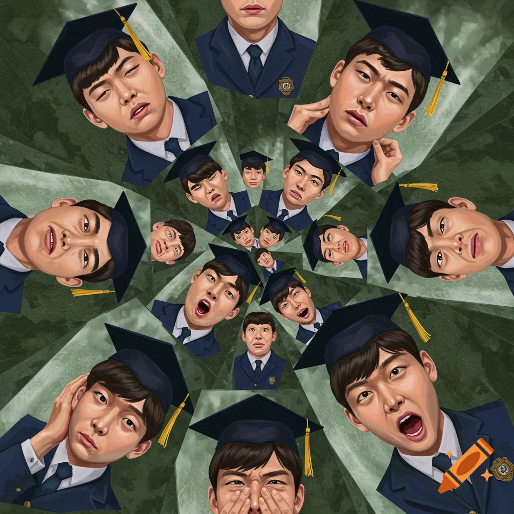 A kaleidoscopic image of a Korean male student in a graduation cap and gown, showing various emotional expressions.