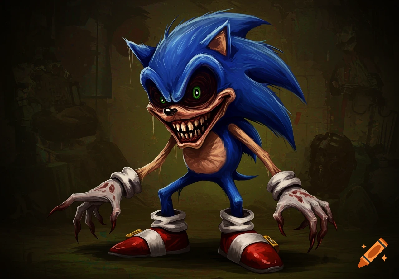 A grotesque, monstrous Sonic the Hedgehog with sharp teeth, glowing green eyes, and bloodied clawed hands in a dark setting.