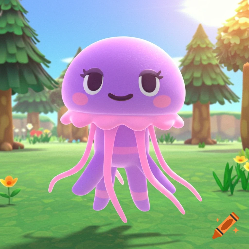 A cute purple and pink cartoon jellyfish character with a smiling face, set in a sunny Animal Crossing-style landscape.