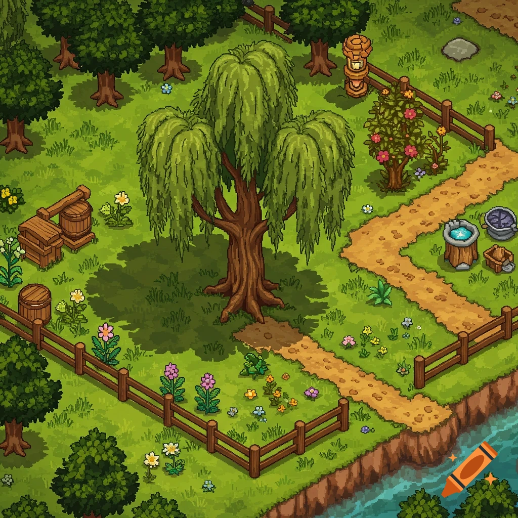 Isometric pixel art landscape with a large weeping willow tree, dirt paths, wooden fences, and a river.