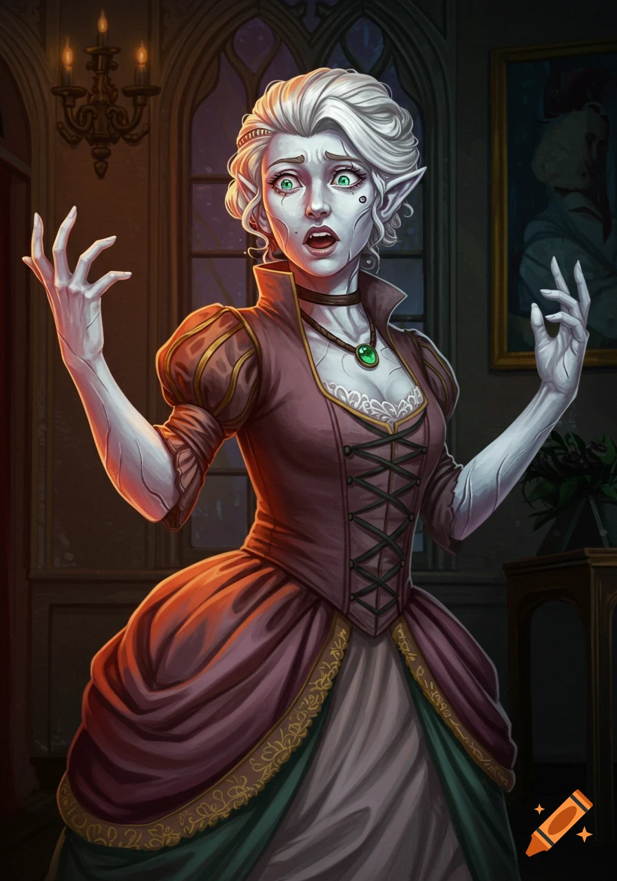 A pale-skinned woman with white hair and pointed ears in a historical gown, looking shocked with hands raised, in a gothic room, digital art.