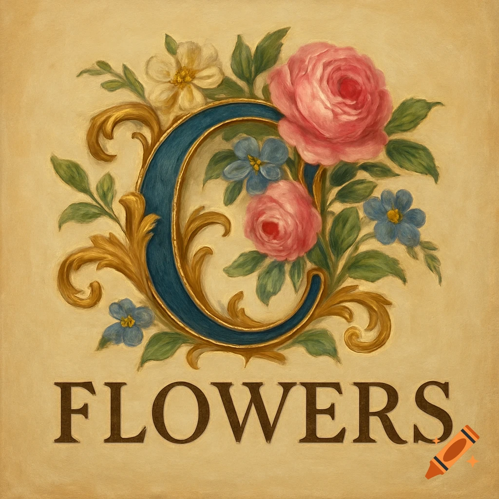 An ornate blue initial 'C' adorned with pink roses and small blue flowers, with the word 'FLOWERS' written below in a classic painted style.