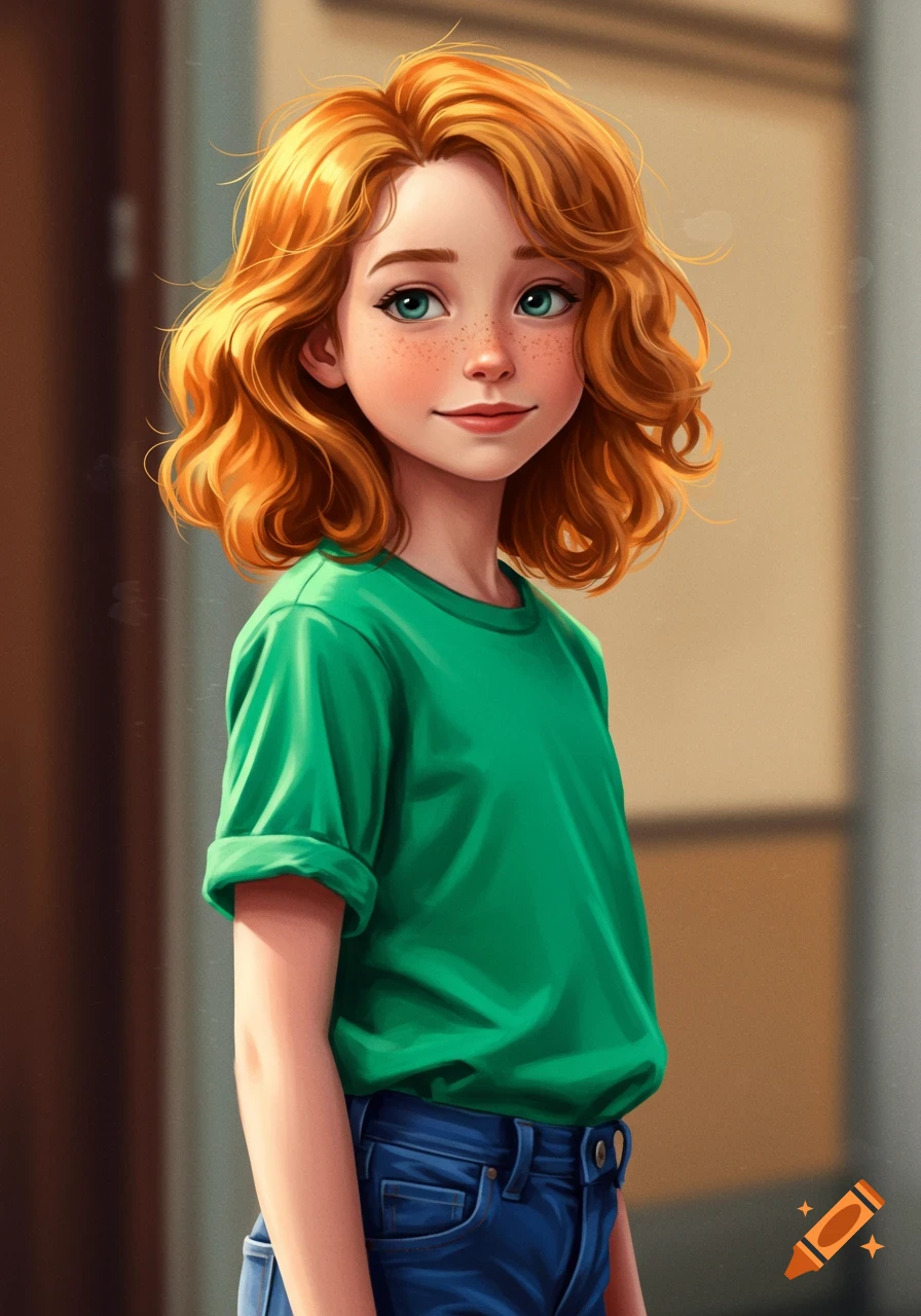 A cheerful, cartoony illustration of a red-haired girl with freckles and green eyes, wearing a green t-shirt and blue jeans.