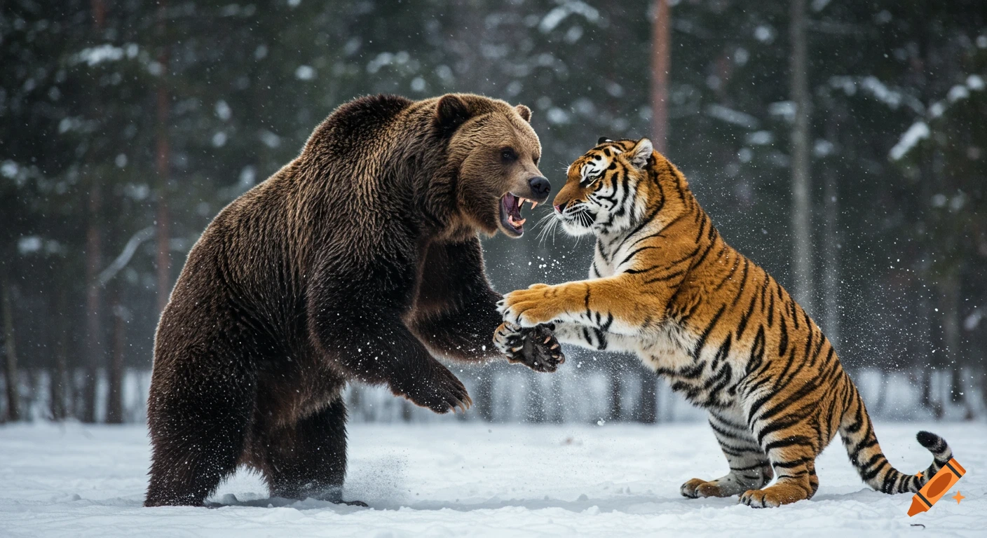 A photorealistic image of a grizzly bear and a Siberian tiger fighting in a snowy forest.