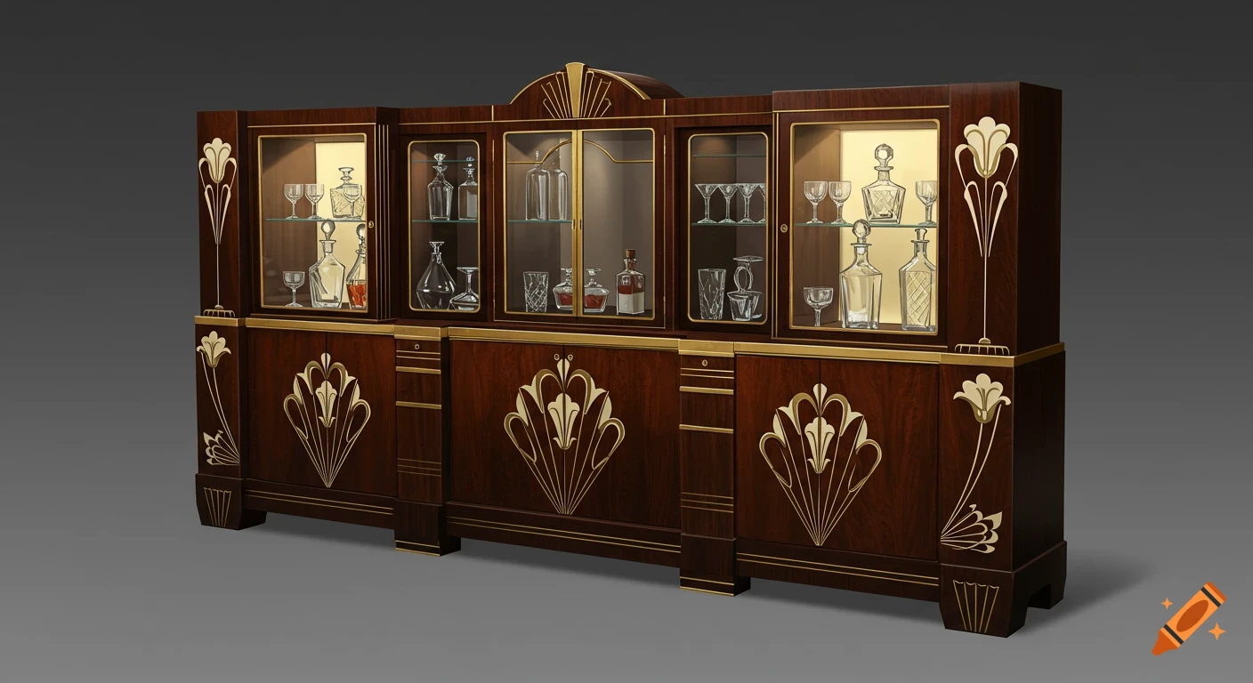 A detailed art deco bar cabinet made of dark wood with golden decorative accents and glass-fronted display cases filled with decanters and glassware.