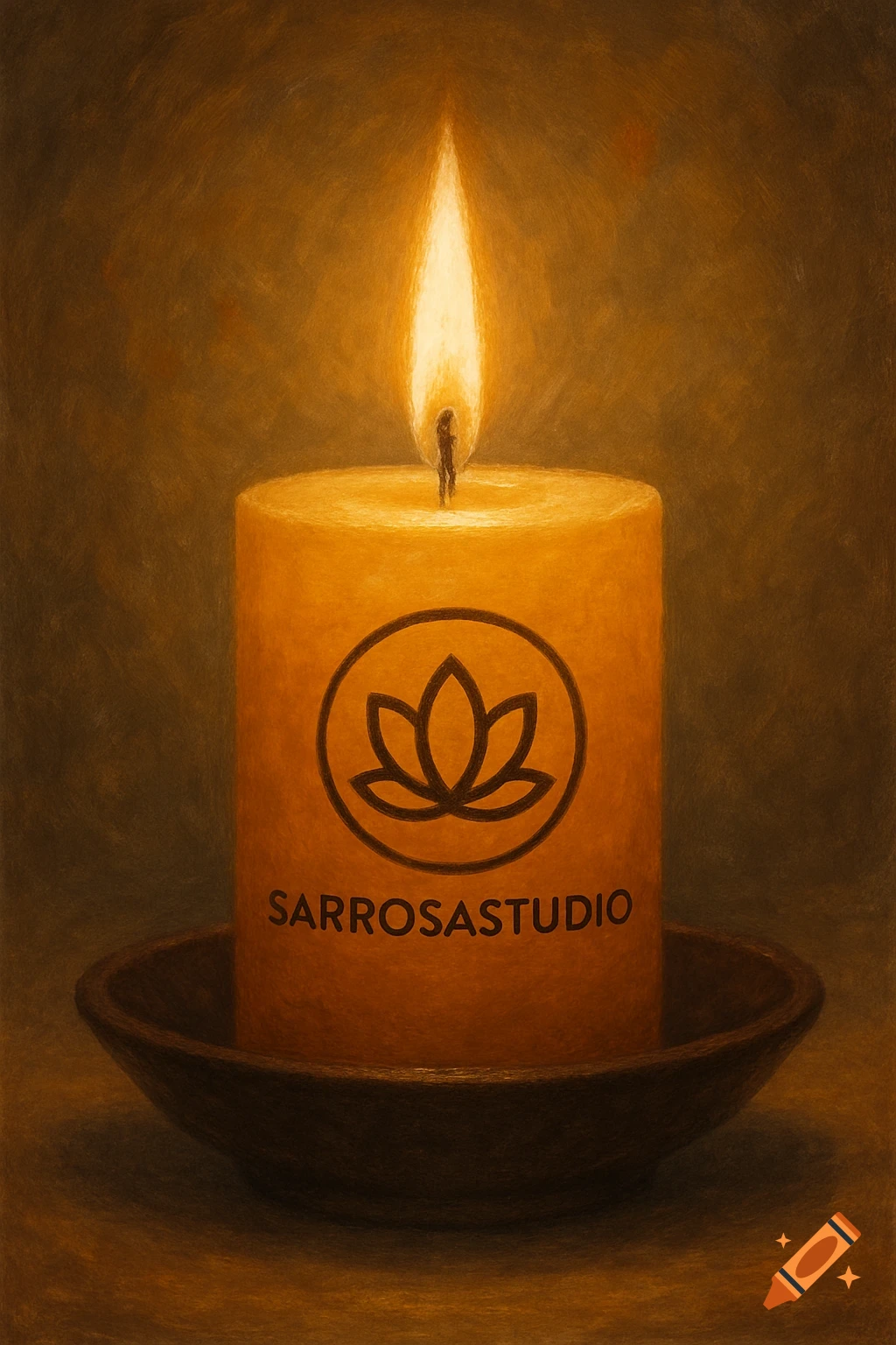 A warm, painterly image of a lit meditation candle with a lotus logo and 'SARROSASTUDIO' text.
