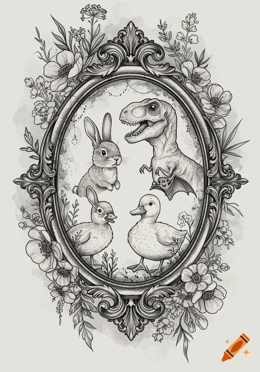 Black and grey line art illustration of an ornate oval frame surrounded by wildflowers and leaves. Inside the frame are a cute bunny, a T-rex with a small bat wing, a duckling, and another small rabbit.