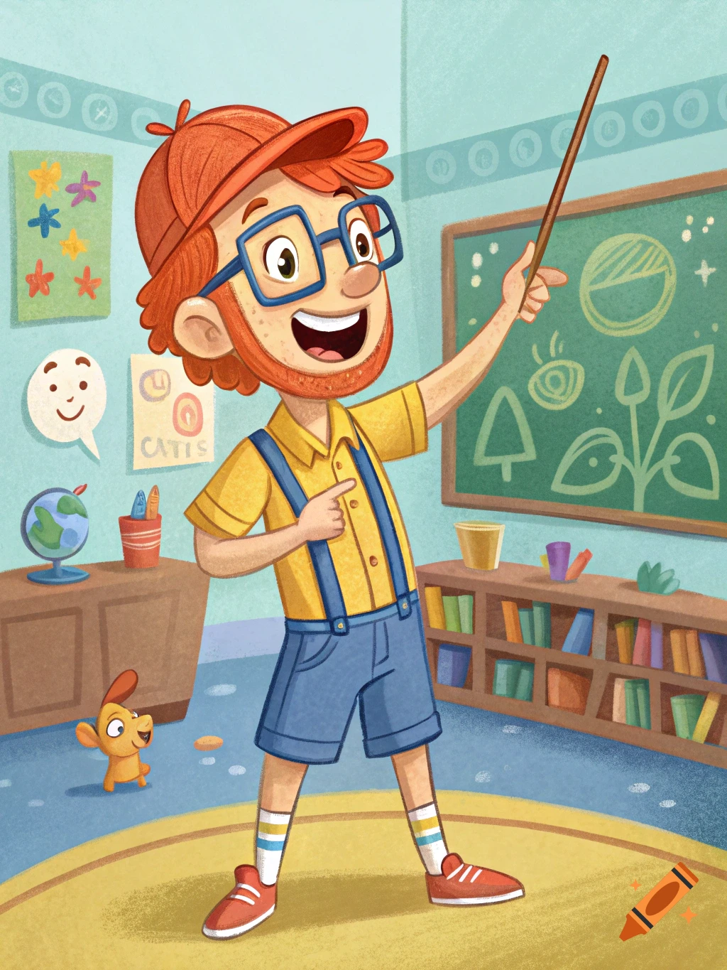 A cheerful cartoon man with orange hair, glasses, and a beard, dressed in a yellow shirt and blue overalls, points to a blackboard in a colorful classroom. A small orange dog-like creature is on the floor.