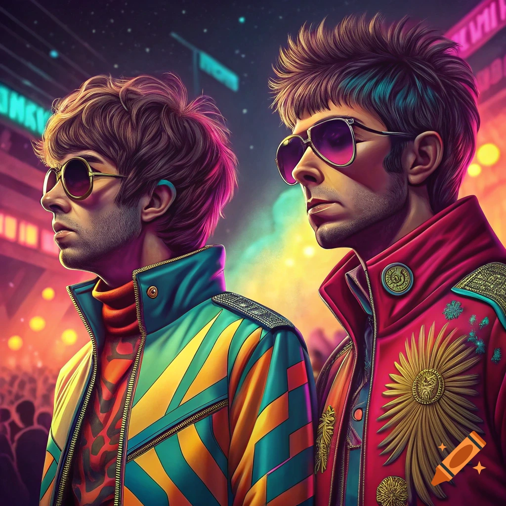 Two men wearing sunglasses and vibrant, colorful jackets stand in a neon-lit concert venue with a blurred crowd.