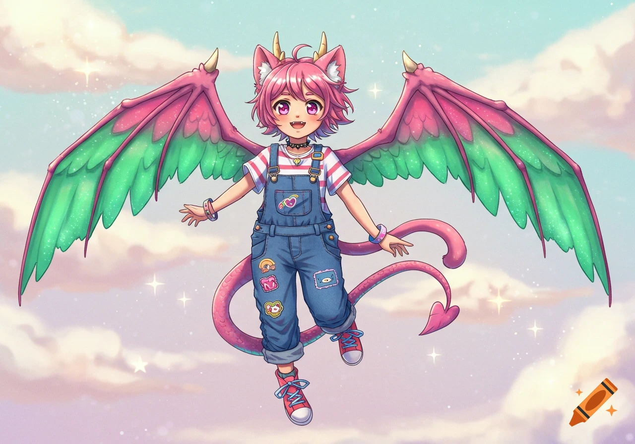 Cute anime character with pink hair, cat ears, pink and green dragon wings and tail, wearing denim overalls, floating in a whimsical sky.